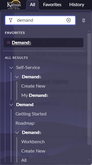 Screenshot of the navigator with 'demand' entered in the Filter navigator field